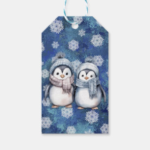 Winter Blue Watercolor Pinguine Scarves Hats Geschenkanhänger
