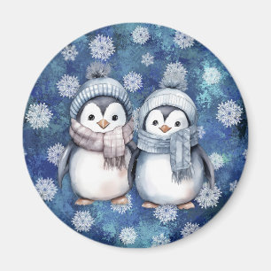 Winter Blue Watercolor Pinguine Scarves Hats Magnet