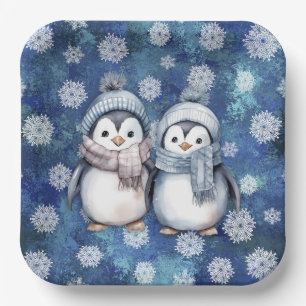 Winter Blue Watercolor Pinguine Scarves Hats Pappteller