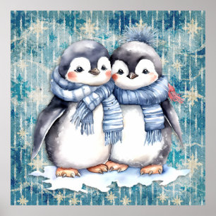 Winter Blue Watercolor Pinguine Scarves Hats Poster