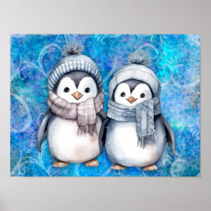 Winter Blue Watercolor Pinguine Scarves Hats Poster