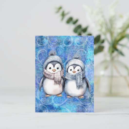 Winter Blue Watercolor Pinguine Scarves Hats Postkarte (Stehend Vorderseite)