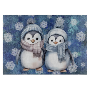 Winter Blue Watercolor Pinguine Scarves Hats Schneidebrett