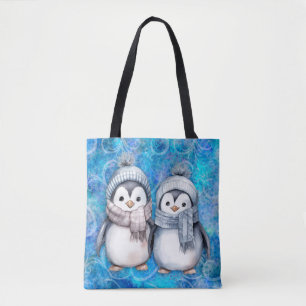 Winter Blue Watercolor Pinguine Scarves Hats Tasche