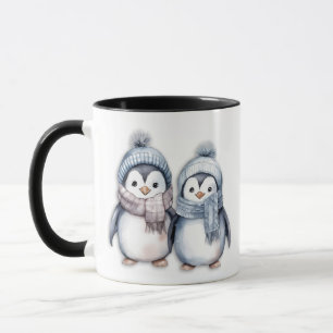 Winter Blue Watercolor Pinguine Scarves Hats Tasse