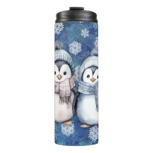 Winter Blue Watercolor Pinguine Scarves Hats Thermosbecher