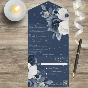 Winter Blue & White Floral auf Navy Blue QR Code All In One Einladung