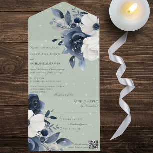 Winter Blue & White Floral on Sage Green QR Code All In One Einladung