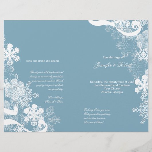 Winter Blue White Snowflake Wedding Programm (Vorderseite)