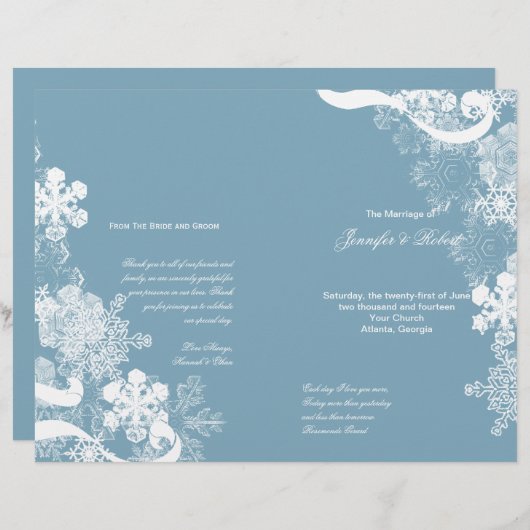 Winter Blue White Snowflake Wedding Programm (Vorne/Hinten)
