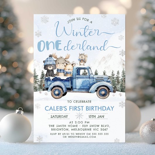 Winter Blue Woodland Truck Onederland 1st Birthday Einladung