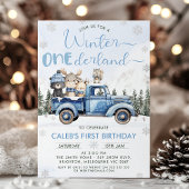 Winter Blue Woodland Truck Onederland 1st Birthday Einladung