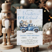 Winter Blue Woodland Truck Onederland 1st Birthday Einladung