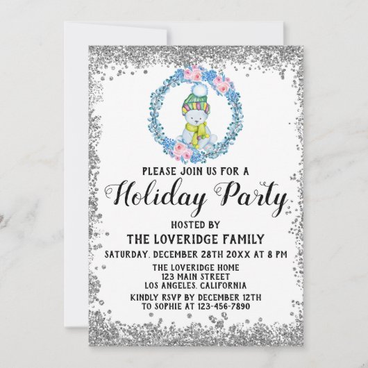 Winter Blue Wreath Weihnachtsfeier Silver Einladung (Vorderseite)