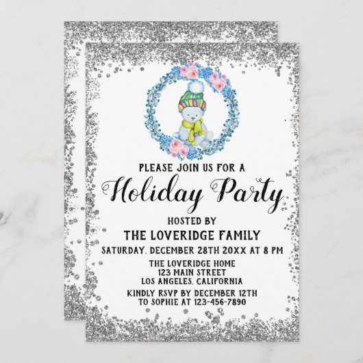 Winter Blue Wreath Weihnachtsfeier Silver Einladung (Vorne/Hinten)