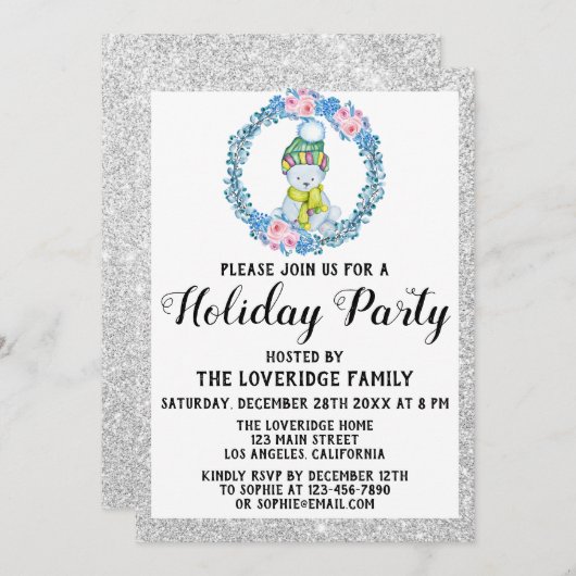 Winter Blue Wreath Weihnachtsfeier Silver Einladung (Vorne/Hinten)