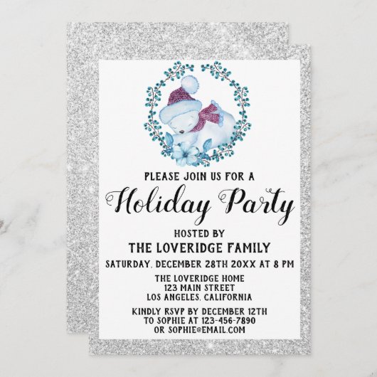 Winter Blue Wreath Weihnachtsfeier Silver Einladung (Vorne/Hinten)