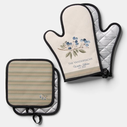 Winter Blueberry Botanical Ofenhandschuh & Topflappen-Set (Vorderseite/Rückseite)