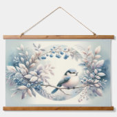 Winter Bluebird Berry Wreath Wandteppich Mit Holzrahmen (Vorne)