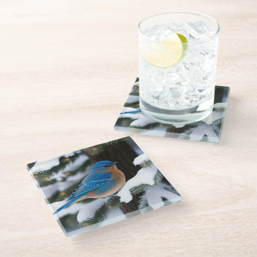 Winter Bluebird Glasuntersetzer (Schrägansicht)