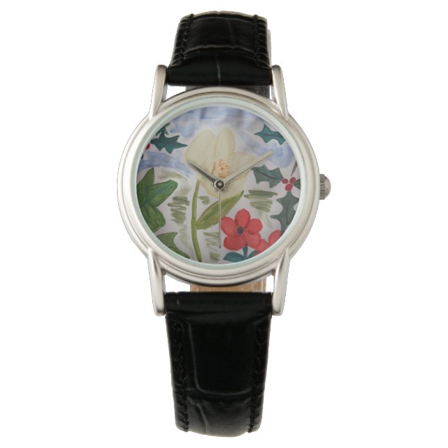 Winter Blume & Holly Armbanduhr (Vorderseite)