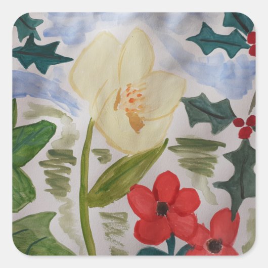 Winter Blume & Holly Quadratischer Aufkleber (Vorderseite)