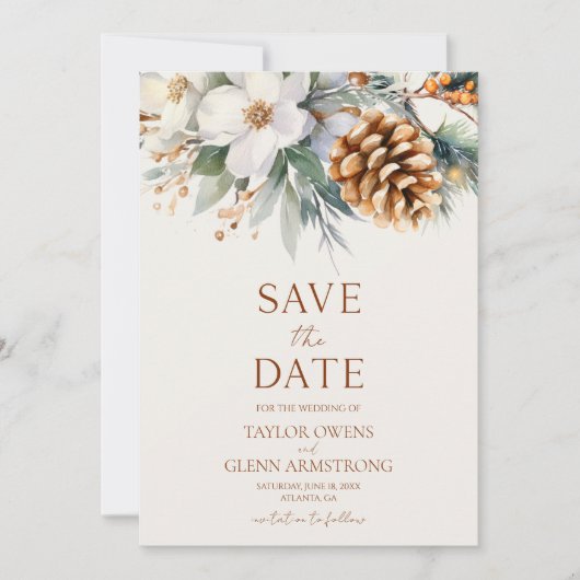 Winter Blume Pine Tree Cone Hochzeit Save The Date (Vorderseite)