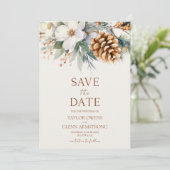 Winter Blume Pine Tree Cone Hochzeit Save The Date (Stehend Vorderseite)
