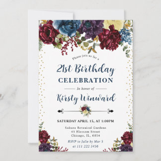 Winter Blume Rot und Navy 21. Geburtstag Einladung