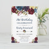 Winter Blume Rot und Navy 21. Geburtstag Einladung (Stehend Vorderseite)