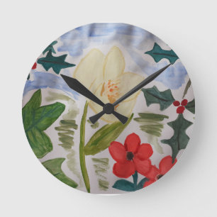 Winter-Blume und Holly-Uhr Runde Wanduhr