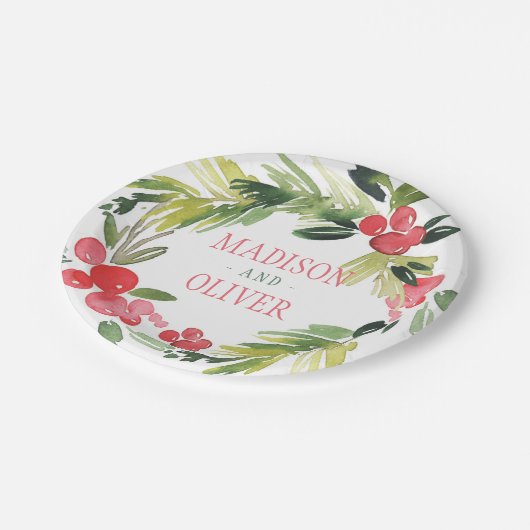 Winter-BlumenAquarell-Kranz Wedding | Pappteller (Schrägansicht)