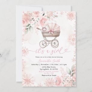 Winter-Blush-Blumen-Kinderwagen-Baby-Party Einladung