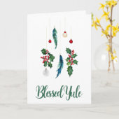 Winter Boho Blue Feathers & Holly Weihnachten Sols Karte (Gelbe Blume)