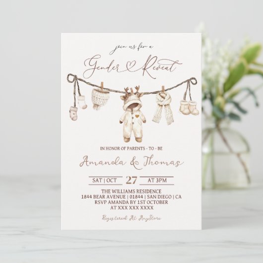 Winter Boho Clothesline Gender Reveal Einladung (Stehend Vorderseite)