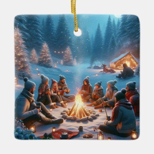 "Winter Bonfire Embrace: Wärme im Schnee" Keramikornament (Vorderseite)