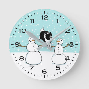 Winter Border Collie mit Schneemännern Süßer Hund Runde Wanduhr