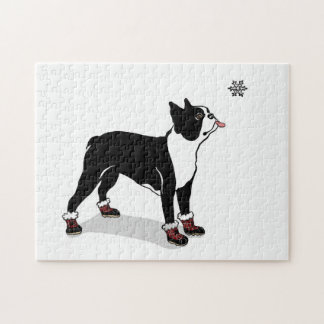 Winter-Boston-Terrier-Hundepuzzlespiel mit Puzzle