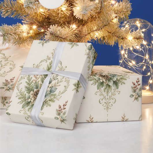 Winter Botanica Damask Botanisches Medaillon Geschenkpapier (Feiertage)