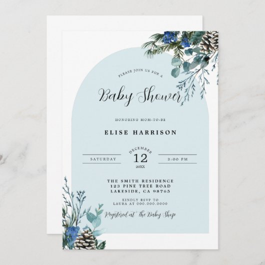 Winter Botanical Blue Arch Baby Dusche Einladung (Vorne/Hinten)