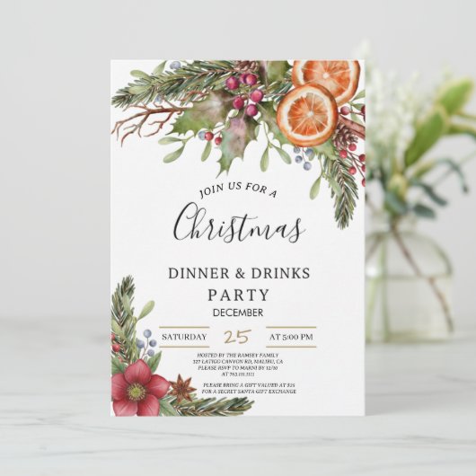 Winter Botanical Christmas Invite | Rustic Dinner  Einladung (Stehend Vorderseite)