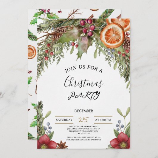 Winter Botanical Christmas Invite | Rustic Dinner Einladung (Vorne/Hinten)