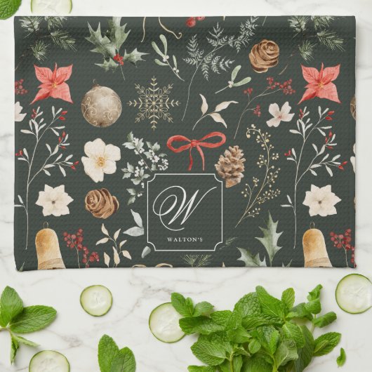 Winter Botanical Festivals Monogram Geschirrtuch (Gefaltet)