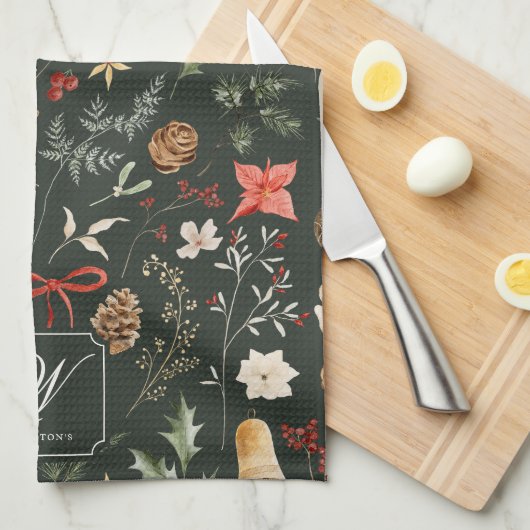 Winter Botanical Festivals Monogram Geschirrtuch (Viertel Falte)