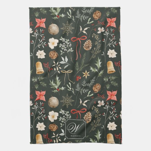 Winter Botanical Festivals Monogram Geschirrtuch (Vertikal)