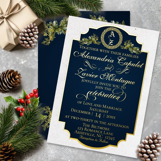 Winter Botanical Flourish Monogramm - Blau Folieneinladung