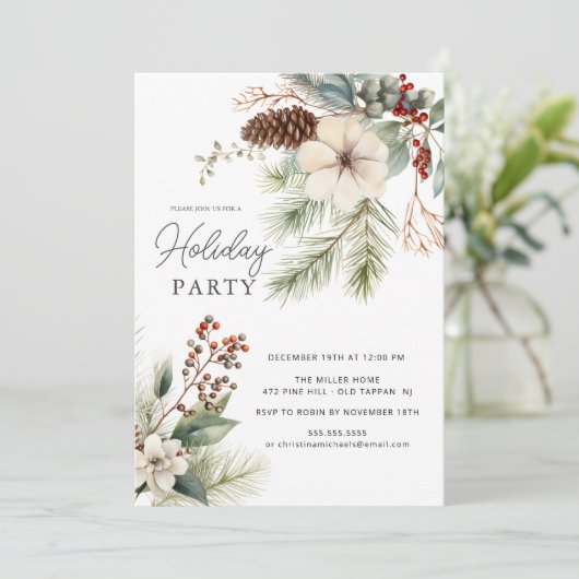 Winter Botanical Pine Branch Holiday Party Einladung (Stehend Vorderseite)