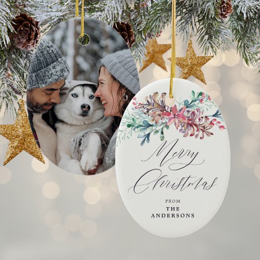 Winter Botanicals Beige Foto Frohe Weihnachten Keramik Ornament