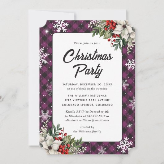 Winter Botanicals Purple Plaid Christmas Party Einladung (Vorderseite)