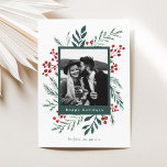 Winter Botanicals Weihnachts-Foto Grün glücklich Feiertagskarte<br><div class="desc">Diese vollständig anpassbare 1-Foto-Urlaubskarte verfügt über elegante handbemalte Aquarellbotanicals, die Ihr Foto wunderschön umrahmen. Es erscheint ein passendes Muster auf der Rückseite und im Raum, um eine personalisierte Nachricht zu schreiben. Gewollt, um noch mehr anpassen? Klicken Sie auf "Bearbeiten mit dem Entwurfswerkzeug". Dieses Design ist Teil einer Sammlung. Originelle Kunstwerke...</div>